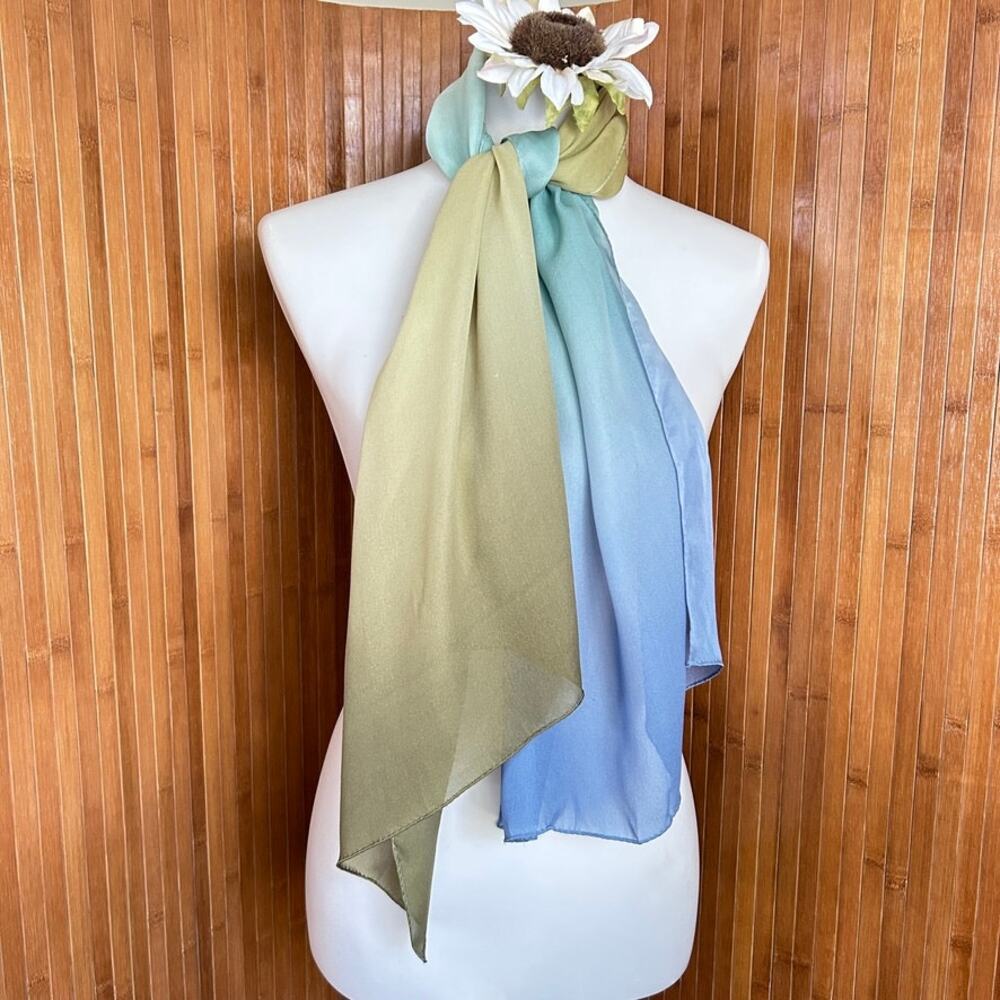 Vintage Ombre Gradient Silk Scarf Blue Olive Green